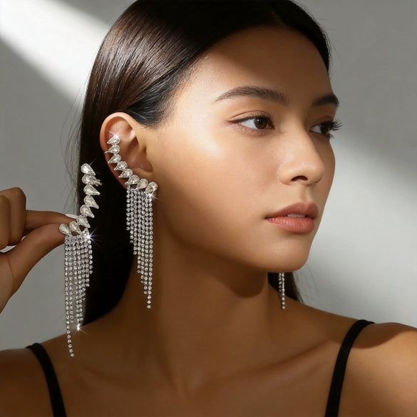 Women's Geometric Sparkling Rhinestone Tassel Earrings With Alloy Design And Stainless Steel Ear Needles Electroplated Stud And Clipon Styles
