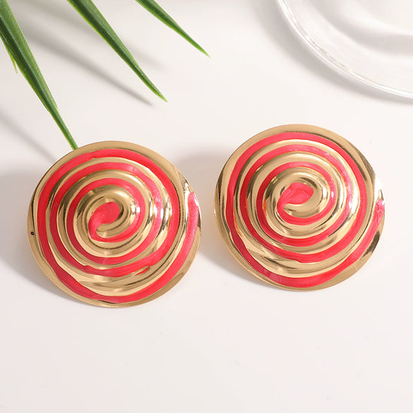 Women's Geometric Spiral Shell Drop Earrings With Drip Glaze Finish And Stainless Steel Posts Fashionable Statement Jewelry