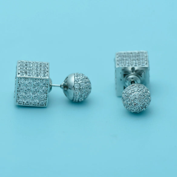 Women's Geometric Square And Spherical Copper Zircon Earrings With Electroplated Finish And Threedimensional Design