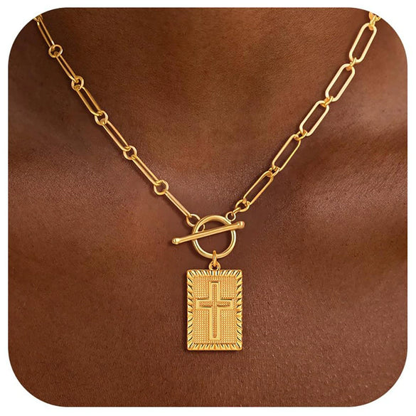 Women's Geometric Square Cross Pendant Necklace With Copper Paperclip Clavicle Chain Electroplated Fashion Jewelry