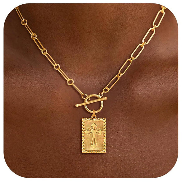 Women's Geometric Square Cross Pendant Necklace With Copper Paperclip Clavicle Chain Electroplated Fashion Jewelry