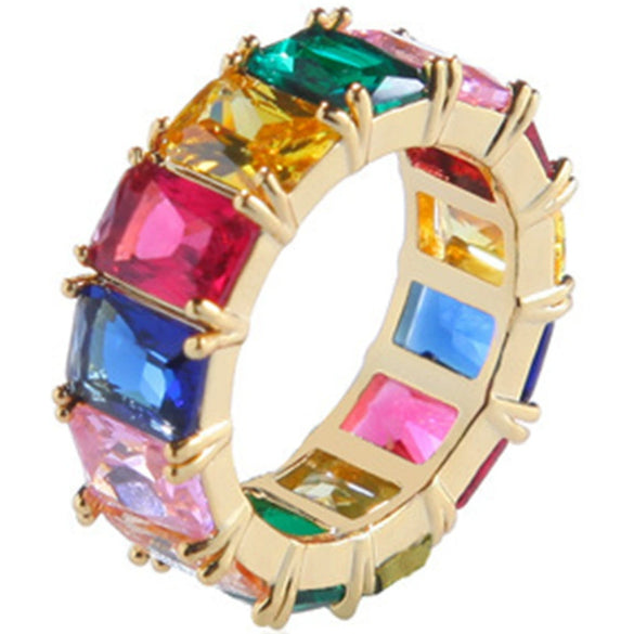 Women's Geometric Square Rainbow Zircon Inlaid Alloy Ring Electroplated Fashion Statement Jewelry