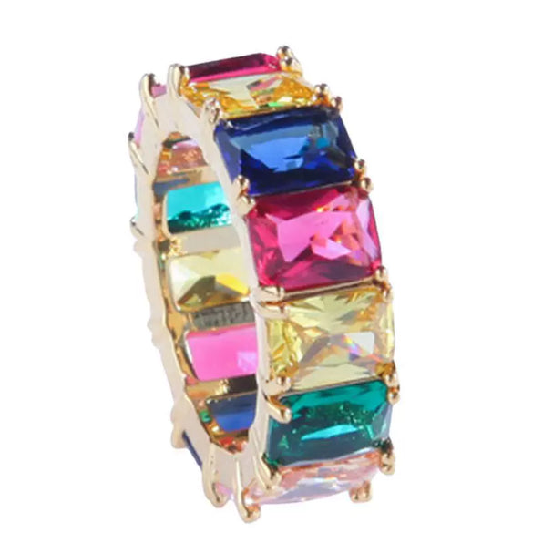 Women's Geometric Square Rainbow Zircon Inlaid Alloy Ring Electroplated Fashion Statement Jewelry