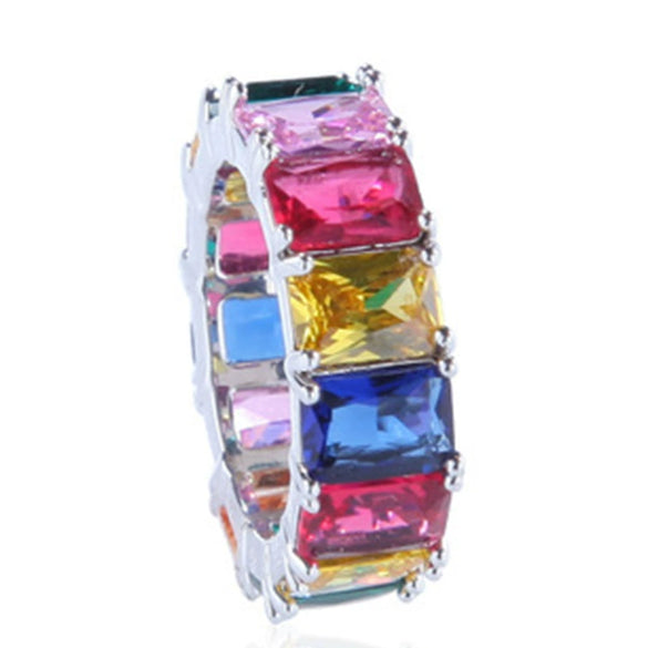 Women's Geometric Square Rainbow Zircon Inlaid Alloy Ring Electroplated Fashion Statement Jewelry