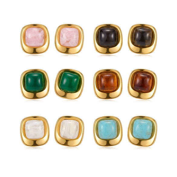 Women’s Geometric Square Resin Stainless Steel Stud Earrings With 18K Gold Vacuum Plating And Retro Style