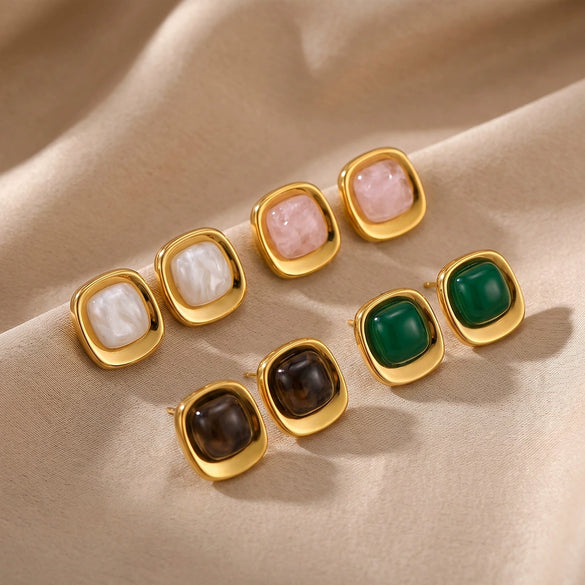 Women’s Geometric Square Resin Stainless Steel Stud Earrings With 18K Gold Vacuum Plating And Retro Style