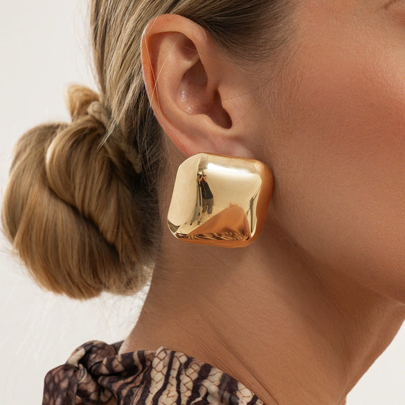 Women's Geometric Square Rounded Corner Stud Earrings Electroplated Iron Metal With Steel Posts And Retro Polished Finish