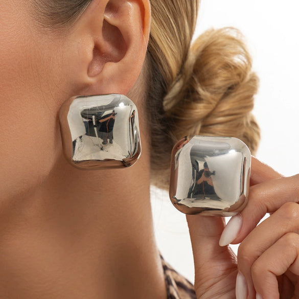 Women's Geometric Square Rounded Corner Stud Earrings Electroplated Iron Metal With Steel Posts And Retro Polished Finish