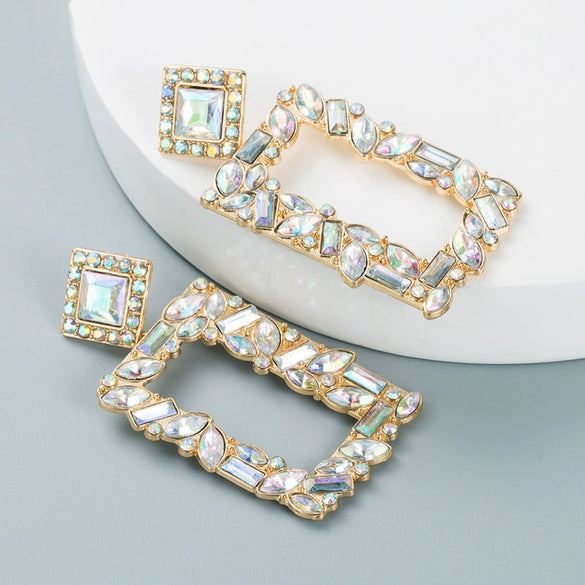 Women's Geometric Square Statement Earrings In Alloy With Colorful Rhinestone Accents And Exaggerated Fashion Design
