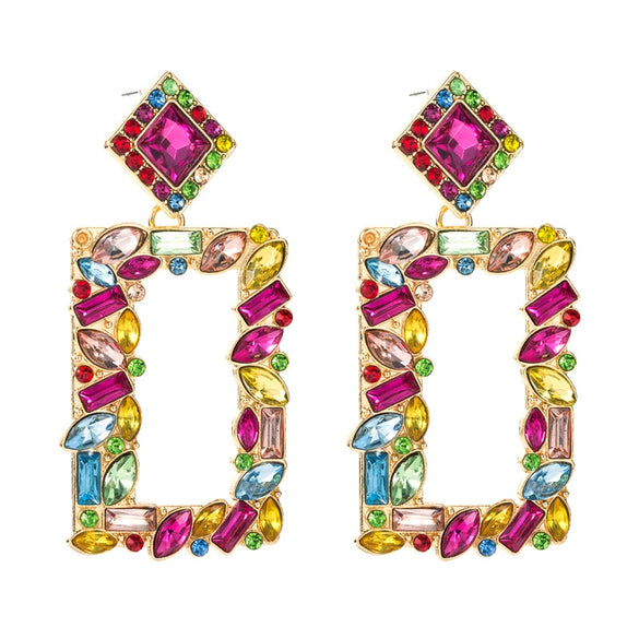 Women's Geometric Square Statement Earrings In Alloy With Colorful Rhinestone Accents And Exaggerated Fashion Design