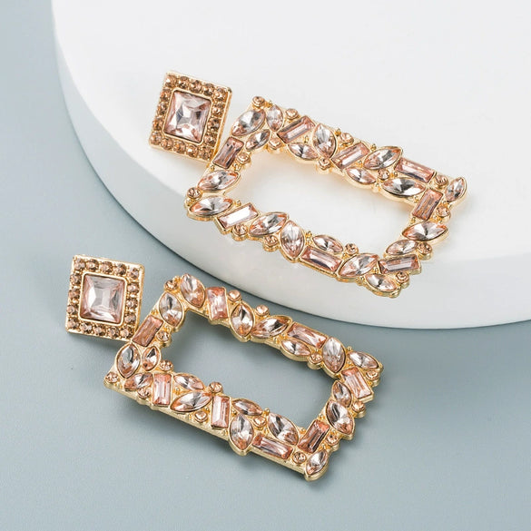 Women's Geometric Square Statement Earrings In Alloy With Colorful Rhinestone Accents And Exaggerated Fashion Design