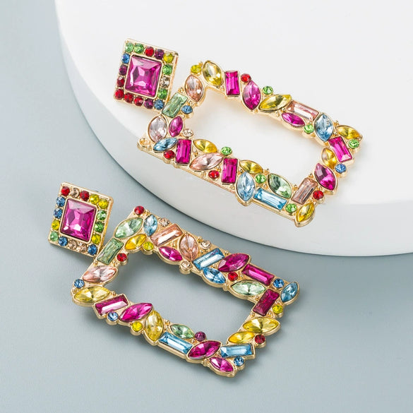 Women's Geometric Square Statement Earrings In Alloy With Colorful Rhinestone Accents And Exaggerated Fashion Design