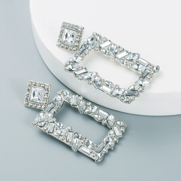 Women's Geometric Square Statement Earrings In Alloy With Colorful Rhinestone Accents And Exaggerated Fashion Design