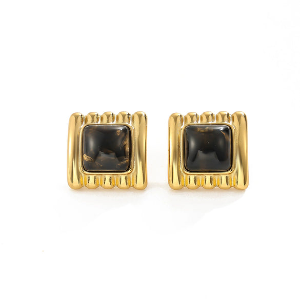 Women's Geometric Square Striped Resin Gemstone Stainless Steel Stud Earrings With Gold Tone Plated Finish