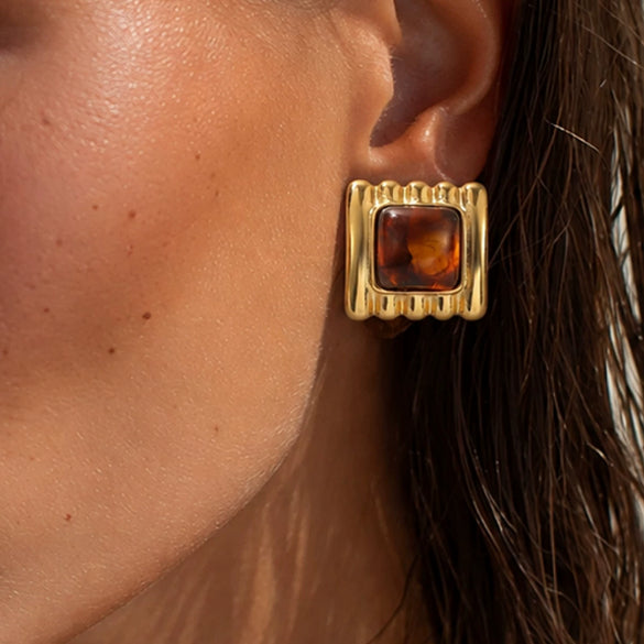 Women's Geometric Square Striped Resin Gemstone Stainless Steel Stud Earrings With Gold Tone Plated Finish