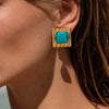 Women's Geometric Square Striped Resin Gemstone Stainless Steel Stud Earrings With Gold Tone Plated Finish