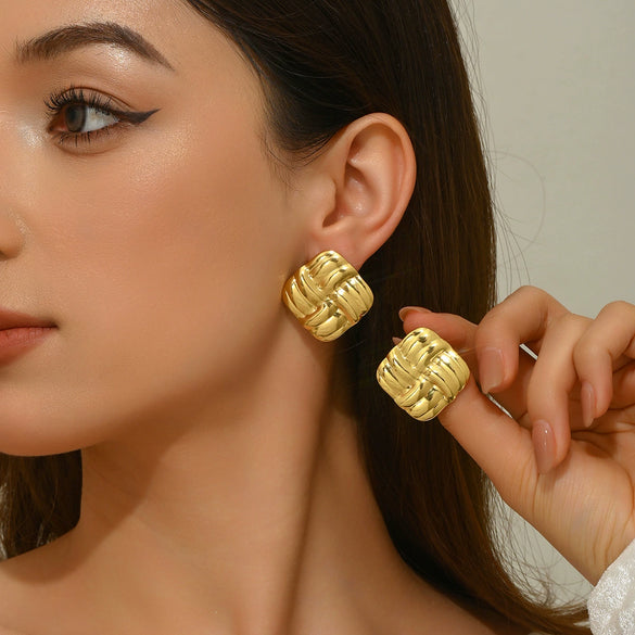 Women's Geometric Square Textured Stainless Steel Stamped Earrings