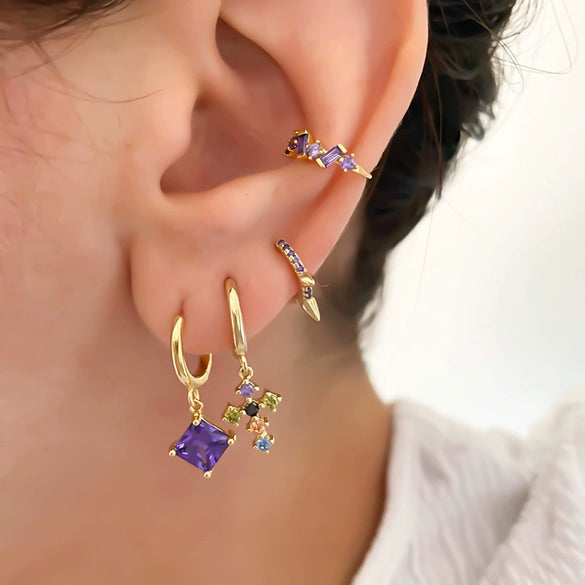 Women’s Geometric Square Zircon Pendant Hoop Earrings With Silver Needle And Electroplated Copper