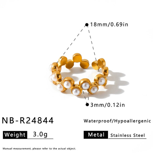 Women's Geometric Stainless Steel Adjustable Ring With Natural Stone And Pearl Accents Gold Vacuum Electroplated Minimalist Jewelry