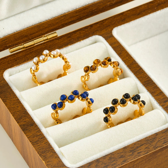 Women's Geometric Stainless Steel Adjustable Ring With Natural Stone And Pearl Accents Gold Vacuum Electroplated Minimalist Jewelry