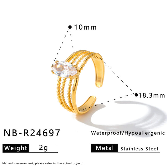 Women's Geometric Stainless Steel Adjustable Ring With Zircon Accents And 18K Vacuum Electroplated Light Luxury Finish