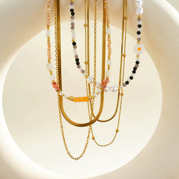 Women's Geometric Stainless Steel Beaded Necklace With Pearl Embellished White Acrylic Design And Vacuum Gold Plating