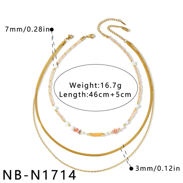 Women's Geometric Stainless Steel Beaded Necklace With Pearl Embellished White Acrylic Design And Vacuum Gold Plating