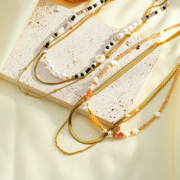 Women's Geometric Stainless Steel Beaded Necklace With Pearl Embellished White Acrylic Design And Vacuum Gold Plating