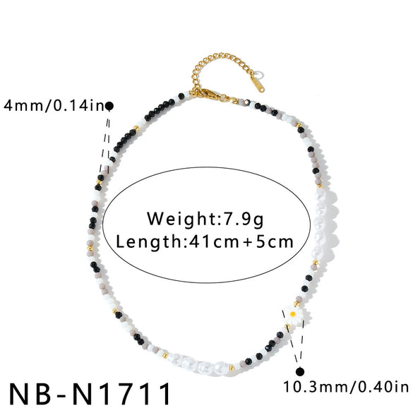 Women's Geometric Stainless Steel Beaded Necklace With Pearl Embellished White Acrylic Design And Vacuum Gold Plating