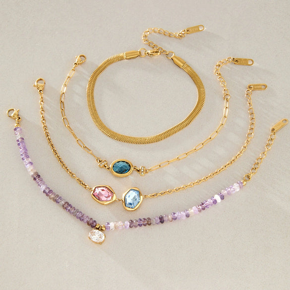 Women's Geometric Stainless Steel Bracelet With Colored Gemstone Glass And Natural Stone Details Hypoallergenic Plated Jewelry