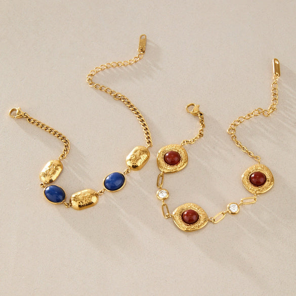 Women's Geometric Stainless Steel Bracelet With Colored Resin Beads And Gold Tone Plated Finish