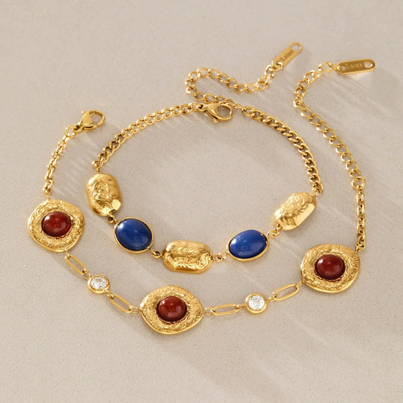 Women's Geometric Stainless Steel Bracelet With Colored Resin Beads And Gold Tone Plated Finish