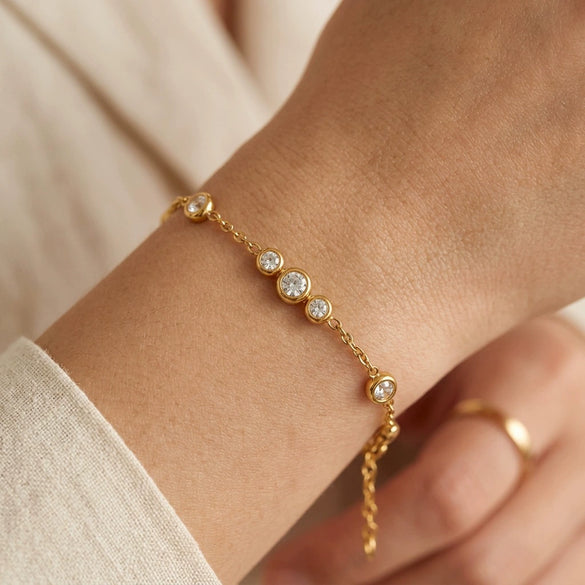 Women's Geometric Stainless Steel Bracelet With Cubic Zirconia And Gold Tone Vacuum Electroplated Finish Minimalist Style