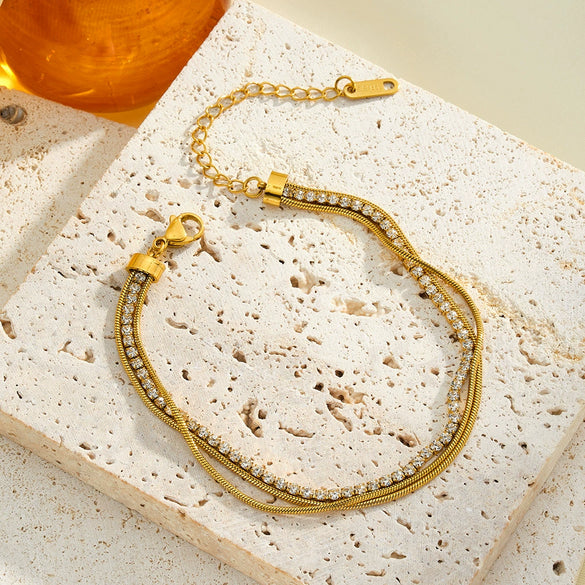 Women's Geometric Stainless Steel Bracelet With Rhinestones And 18K Vacuum Plated Finish Light Luxury Chain Jewelry