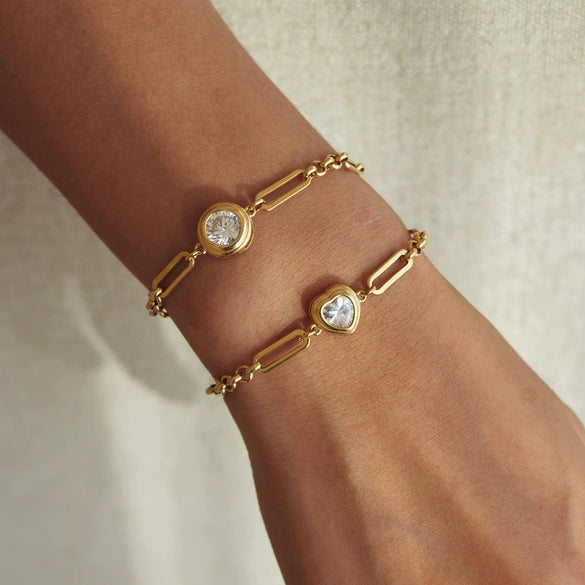 Women's Geometric Stainless Steel Bracelet With Single Zircon Accent And Colorfast Plated Finish
