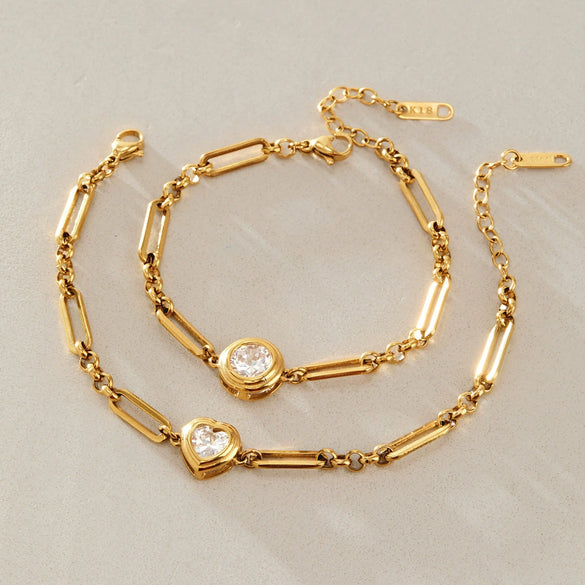 Women's Geometric Stainless Steel Bracelet With Single Zircon Accent And Colorfast Plated Finish