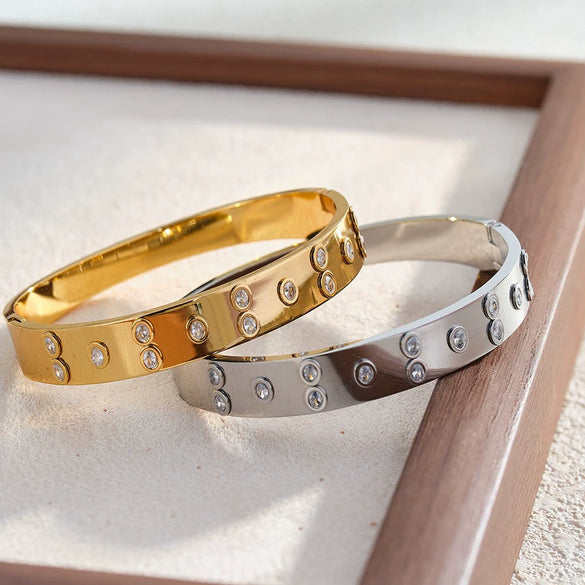 Women's Geometric Stainless Steel Bracelet With Zircon Inlay And 18K Gold Vacuum Plated Finish Fashion Jewelry