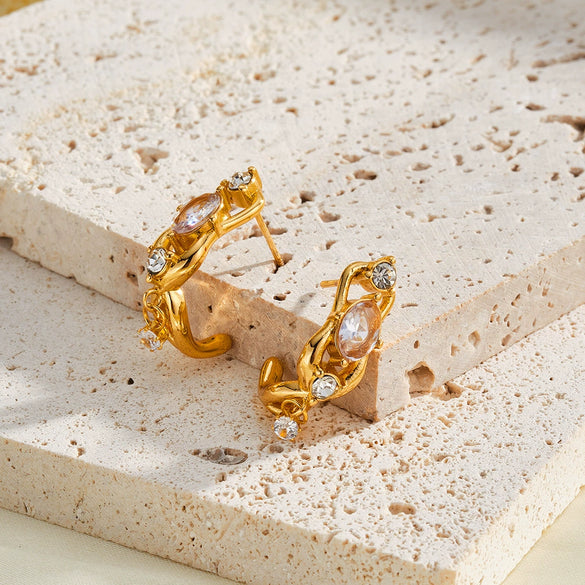 Women's Geometric Stainless Steel Earrings With 18K Vacuum Plating And Zircon Rhinestone Accents Vintage Light Luxury Style
