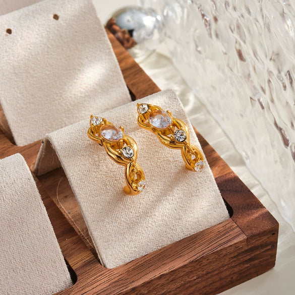 Women's Geometric Stainless Steel Earrings With 18K Vacuum Plating And Zircon Rhinestone Accents Vintage Light Luxury Style