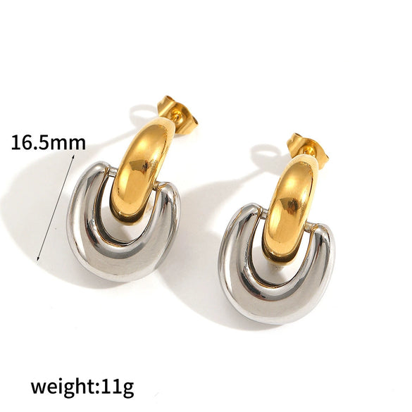 Women's Geometric Stainless Steel Earrings With Real Gold Plating Circle And Semicircle Shapes