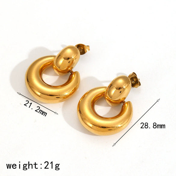 Women's Geometric Stainless Steel Earrings With Real Gold Plating Circle And Semicircle Shapes