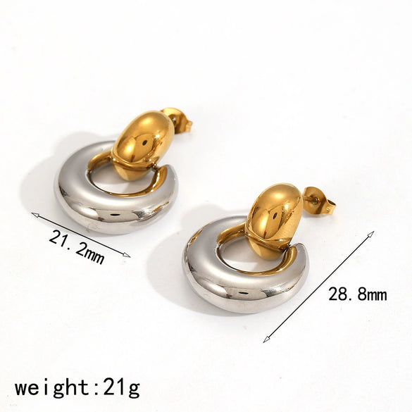 Women's Geometric Stainless Steel Earrings With Real Gold Plating Circle And Semicircle Shapes