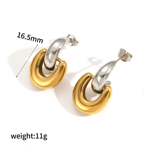 Women's Geometric Stainless Steel Earrings With Real Gold Plating Circle And Semicircle Shapes