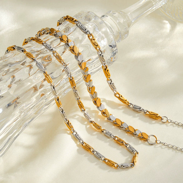 Women's Geometric Stainless Steel Necklace And Bracelet Set With 18K Gold Vacuum Plating And Color Block Design