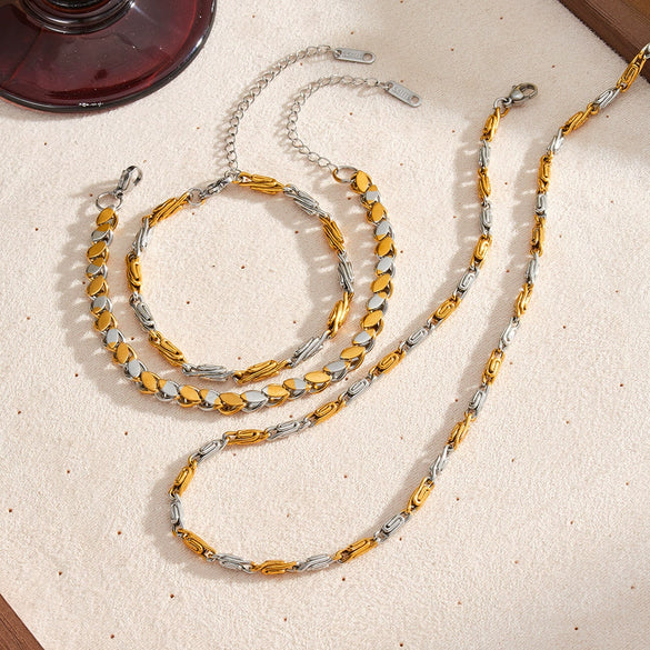 Women's Geometric Stainless Steel Necklace And Bracelet Set With 18K Gold Vacuum Plating And Color Block Design