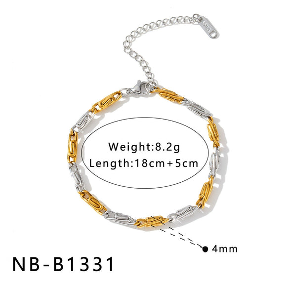 Women's Geometric Stainless Steel Necklace And Bracelet Set With 18K Gold Vacuum Plating And Color Block Design