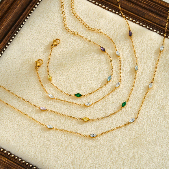 Women's Geometric Stainless Steel Necklace And Bracelet Set With Zircon Inlay And 18K Vacuum Plated Finish