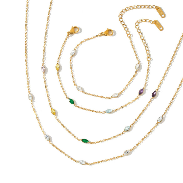 Women's Geometric Stainless Steel Necklace And Bracelet Set With Zircon Inlay And 18K Vacuum Plated Finish