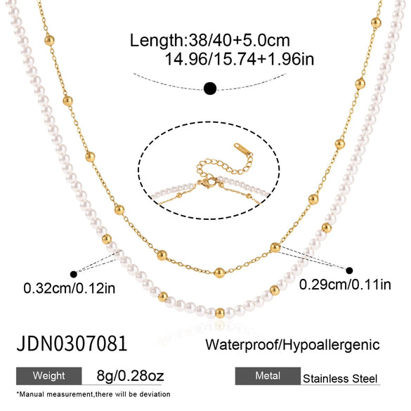 Women's Geometric Stainless Steel Necklace With Acrylic Pearls And Pvd Gold Plating