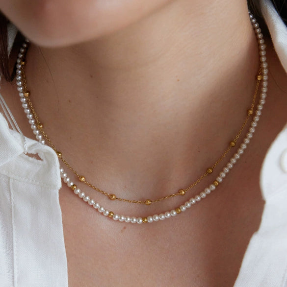 Women's Geometric Stainless Steel Necklace With Acrylic Pearls And Pvd Gold Plating